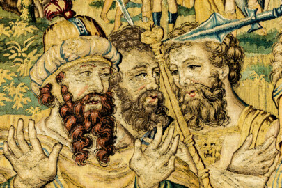 Schloss Bruchsal - Hauptbau / Corps de Logis - Von innen - Beletage - Gelbes Zimmer - Ostwand, nördliche Seite - Ausschnitt aus der Tapisserie "David besänftigt Saul mit Saitenspiel" der sechsteiligen Folge mit Szenen aus dem Alten Testament (hier: Episode aus der Geschichte Davids, 1. Buch Samuel, Kapitel 18; Inv.Nr. G 115; Höhe x Breite: 274 cm x 328 cm; hergestellt von Martin II Reymbouts in Brüssel, um 1600; restauriert 1965/66 und nach 2007) (aufgenommen im November 2020, am frühen Nachmittag) Schloss Bruchsal - Hauptbau / Corps de Logis - Von innen - Beletage - Gelbes Zimmer - Ostwand, nördliche Seite - Ausschnitt aus der Tapisserie "David besänftigt Saul mit Saitenspiel" der sechsteiligen Folge mit Szenen aus dem Alten Testament (hier: Episode aus der Geschichte Davids, 1. Buch Samuel, Kapitel 18; Inv.Nr. G 115; Höhe x Breite: 274 cm x 328 cm; hergestellt von Martin II Reymbouts in Brüssel, um 1600; restauriert 1965/66 und nach 2007) (aufgenommen im November 2020, am frühen Nachmittag)