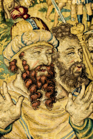 Schloss Bruchsal - Hauptbau / Corps de Logis - Von innen - Beletage - Gelbes Zimmer - Ostwand, nördliche Seite - Ausschnitt aus der Tapisserie "David besänftigt Saul mit Saitenspiel" der sechsteiligen Folge mit Szenen aus dem Alten Testament (hier: Episode aus der Geschichte Davids, 1. Buch Samuel, Kapitel 18; Inv.Nr. G 115; Höhe x Breite: 274 cm x 328 cm; hergestellt von Martin II Reymbouts in Brüssel, um 1600; restauriert 1965/66 und nach 2007) (aufgenommen im November 2020, am frühen Nachmittag) Schloss Bruchsal - Hauptbau / Corps de Logis - Von innen - Beletage - Gelbes Zimmer - Ostwand, nördliche Seite - Ausschnitt aus der Tapisserie "David besänftigt Saul mit Saitenspiel" der sechsteiligen Folge mit Szenen aus dem Alten Testament (hier: Episode aus der Geschichte Davids, 1. Buch Samuel, Kapitel 18; Inv.Nr. G 115; Höhe x Breite: 274 cm x 328 cm; hergestellt von Martin II Reymbouts in Brüssel, um 1600; restauriert 1965/66 und nach 2007) (aufgenommen im November 2020, am frühen Nachmittag)