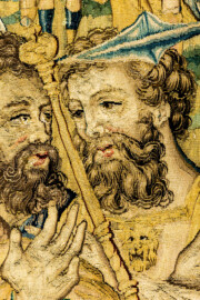 Schloss Bruchsal - Hauptbau / Corps de Logis - Von innen - Beletage - Gelbes Zimmer - Ostwand, nördliche Seite - Ausschnitt aus der Tapisserie "David besänftigt Saul mit Saitenspiel" der sechsteiligen Folge mit Szenen aus dem Alten Testament (hier: Episode aus der Geschichte Davids, 1. Buch Samuel, Kapitel 18; Inv.Nr. G 115; Höhe x Breite: 274 cm x 328 cm; hergestellt von Martin II Reymbouts in Brüssel, um 1600; restauriert 1965/66 und nach 2007) (aufgenommen im November 2020, am frühen Nachmittag) Schloss Bruchsal - Hauptbau / Corps de Logis - Von innen - Beletage - Gelbes Zimmer - Ostwand, nördliche Seite - Ausschnitt aus der Tapisserie "David besänftigt Saul mit Saitenspiel" der sechsteiligen Folge mit Szenen aus dem Alten Testament (hier: Episode aus der Geschichte Davids, 1. Buch Samuel, Kapitel 18; Inv.Nr. G 115; Höhe x Breite: 274 cm x 328 cm; hergestellt von Martin II Reymbouts in Brüssel, um 1600; restauriert 1965/66 und nach 2007) (aufgenommen im November 2020, am frühen Nachmittag)