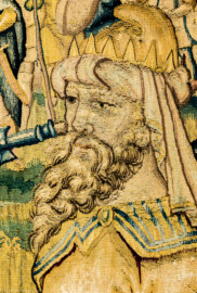 Schloss Bruchsal - Hauptbau / Corps de Logis - Von innen - Beletage - Gelbes Zimmer - Ostwand, nördliche Seite - Ausschnitt aus der Tapisserie "David besänftigt Saul mit Saitenspiel" der sechsteiligen Folge mit Szenen aus dem Alten Testament (hier: Episode aus der Geschichte Davids, 1. Buch Samuel, Kapitel 18; Inv.Nr. G 115; Höhe x Breite: 274 cm x 328 cm; hergestellt von Martin II Reymbouts in Brüssel, um 1600; restauriert 1965/66 und nach 2007) (aufgenommen im November 2020, am frühen Nachmittag) Schloss Bruchsal - Hauptbau / Corps de Logis - Von innen - Beletage - Gelbes Zimmer - Ostwand, nördliche Seite - Ausschnitt aus der Tapisserie "David besänftigt Saul mit Saitenspiel" der sechsteiligen Folge mit Szenen aus dem Alten Testament (hier: Episode aus der Geschichte Davids, 1. Buch Samuel, Kapitel 18; Inv.Nr. G 115; Höhe x Breite: 274 cm x 328 cm; hergestellt von Martin II Reymbouts in Brüssel, um 1600; restauriert 1965/66 und nach 2007) (aufgenommen im November 2020, am frühen Nachmittag)