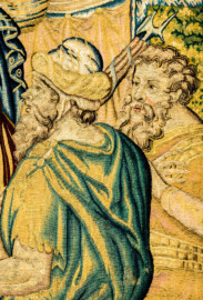 Schloss Bruchsal - Hauptbau / Corps de Logis - Von innen - Beletage - Gelbes Zimmer - Ostwand, nördliche Seite - Ausschnitt aus der Tapisserie "David besänftigt Saul mit Saitenspiel" der sechsteiligen Folge mit Szenen aus dem Alten Testament (hier: Episode aus der Geschichte Davids, 1. Buch Samuel, Kapitel 18; Inv.Nr. G 115; Höhe x Breite: 274 cm x 328 cm; hergestellt von Martin II Reymbouts in Brüssel, um 1600; restauriert 1965/66 und nach 2007) (aufgenommen im November 2020, am frühen Nachmittag) Schloss Bruchsal - Hauptbau / Corps de Logis - Von innen - Beletage - Gelbes Zimmer - Ostwand, nördliche Seite - Ausschnitt aus der Tapisserie "David besänftigt Saul mit Saitenspiel" der sechsteiligen Folge mit Szenen aus dem Alten Testament (hier: Episode aus der Geschichte Davids, 1. Buch Samuel, Kapitel 18; Inv.Nr. G 115; Höhe x Breite: 274 cm x 328 cm; hergestellt von Martin II Reymbouts in Brüssel, um 1600; restauriert 1965/66 und nach 2007) (aufgenommen im November 2020, am frühen Nachmittag)