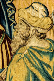 Schloss Bruchsal - Hauptbau / Corps de Logis - Von innen - Beletage - Gelbes Zimmer - Ostwand, nördliche Seite - Ausschnitt aus der Tapisserie "David besänftigt Saul mit Saitenspiel" der sechsteiligen Folge mit Szenen aus dem Alten Testament (hier: Episode aus der Geschichte Davids, 1. Buch Samuel, Kapitel 18; Inv.Nr. G 115; Höhe x Breite: 274 cm x 328 cm; hergestellt von Martin II Reymbouts in Brüssel, um 1600; restauriert 1965/66 und nach 2007) (aufgenommen im November 2020, am frühen Nachmittag) Schloss Bruchsal - Hauptbau / Corps de Logis - Von innen - Beletage - Gelbes Zimmer - Ostwand, nördliche Seite - Ausschnitt aus der Tapisserie "David besänftigt Saul mit Saitenspiel" der sechsteiligen Folge mit Szenen aus dem Alten Testament (hier: Episode aus der Geschichte Davids, 1. Buch Samuel, Kapitel 18; Inv.Nr. G 115; Höhe x Breite: 274 cm x 328 cm; hergestellt von Martin II Reymbouts in Brüssel, um 1600; restauriert 1965/66 und nach 2007) (aufgenommen im November 2020, am frühen Nachmittag)