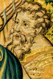 Schloss Bruchsal - Hauptbau / Corps de Logis - Von innen - Beletage - Gelbes Zimmer - Ostwand, nördliche Seite - Ausschnitt aus der Tapisserie "David besänftigt Saul mit Saitenspiel" der sechsteiligen Folge mit Szenen aus dem Alten Testament (hier: Episode aus der Geschichte Davids, 1. Buch Samuel, Kapitel 18; Inv.Nr. G 115; Höhe x Breite: 274 cm x 328 cm; hergestellt von Martin II Reymbouts in Brüssel, um 1600; restauriert 1965/66 und nach 2007) (aufgenommen im November 2020, am frühen Nachmittag) Schloss Bruchsal - Hauptbau / Corps de Logis - Von innen - Beletage - Gelbes Zimmer - Ostwand, nördliche Seite - Ausschnitt aus der Tapisserie "David besänftigt Saul mit Saitenspiel" der sechsteiligen Folge mit Szenen aus dem Alten Testament (hier: Episode aus der Geschichte Davids, 1. Buch Samuel, Kapitel 18; Inv.Nr. G 115; Höhe x Breite: 274 cm x 328 cm; hergestellt von Martin II Reymbouts in Brüssel, um 1600; restauriert 1965/66 und nach 2007) (aufgenommen im November 2020, am frühen Nachmittag)