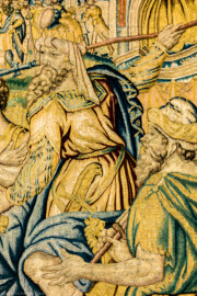 Schloss Bruchsal - Hauptbau / Corps de Logis - Von innen - Beletage - Gelbes Zimmer - Ostwand, nördliche Seite - Ausschnitt aus der Tapisserie "David besänftigt Saul mit Saitenspiel" der sechsteiligen Folge mit Szenen aus dem Alten Testament (hier: Episode aus der Geschichte Davids, 1. Buch Samuel, Kapitel 18; Inv.Nr. G 115; Höhe x Breite: 274 cm x 328 cm; hergestellt von Martin II Reymbouts in Brüssel, um 1600; restauriert 1965/66 und nach 2007) (aufgenommen im November 2020, am frühen Nachmittag) Schloss Bruchsal - Hauptbau / Corps de Logis - Von innen - Beletage - Gelbes Zimmer - Ostwand, nördliche Seite - Ausschnitt aus der Tapisserie "David besänftigt Saul mit Saitenspiel" der sechsteiligen Folge mit Szenen aus dem Alten Testament (hier: Episode aus der Geschichte Davids, 1. Buch Samuel, Kapitel 18; Inv.Nr. G 115; Höhe x Breite: 274 cm x 328 cm; hergestellt von Martin II Reymbouts in Brüssel, um 1600; restauriert 1965/66 und nach 2007) (aufgenommen im November 2020, am frühen Nachmittag)