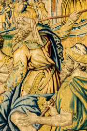 Schloss Bruchsal - Hauptbau / Corps de Logis - Von innen - Beletage - Gelbes Zimmer - Ostwand, nördliche Seite - Ausschnitt aus der Tapisserie "David besänftigt Saul mit Saitenspiel" der sechsteiligen Folge mit Szenen aus dem Alten Testament (hier: Episode aus der Geschichte Davids, 1. Buch Samuel, Kapitel 18; Inv.Nr. G 115; Höhe x Breite: 274 cm x 328 cm; hergestellt von Martin II Reymbouts in Brüssel, um 1600; restauriert 1965/66 und nach 2007) (aufgenommen im November 2020, am frühen Nachmittag) Schloss Bruchsal - Hauptbau / Corps de Logis - Von innen - Beletage - Gelbes Zimmer - Ostwand, nördliche Seite - Ausschnitt aus der Tapisserie "David besänftigt Saul mit Saitenspiel" der sechsteiligen Folge mit Szenen aus dem Alten Testament (hier: Episode aus der Geschichte Davids, 1. Buch Samuel, Kapitel 18; Inv.Nr. G 115; Höhe x Breite: 274 cm x 328 cm; hergestellt von Martin II Reymbouts in Brüssel, um 1600; restauriert 1965/66 und nach 2007) (aufgenommen im November 2020, am frühen Nachmittag)