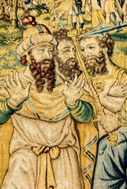 Schloss Bruchsal - Hauptbau / Corps de Logis - Von innen - Beletage - Gelbes Zimmer - Ostwand, nördliche Seite - Ausschnitt aus der Tapisserie "David besänftigt Saul mit Saitenspiel" der sechsteiligen Folge mit Szenen aus dem Alten Testament (hier: Episode aus der Geschichte Davids, 1. Buch Samuel, Kapitel 18; Inv.Nr. G 115; Höhe x Breite: 274 cm x 328 cm; hergestellt von Martin II Reymbouts in Brüssel, um 1600; restauriert 1965/66 und nach 2007) (aufgenommen im November 2020, am frühen Nachmittag) Schloss Bruchsal - Hauptbau / Corps de Logis - Von innen - Beletage - Gelbes Zimmer - Ostwand, nördliche Seite - Ausschnitt aus der Tapisserie "David besänftigt Saul mit Saitenspiel" der sechsteiligen Folge mit Szenen aus dem Alten Testament (hier: Episode aus der Geschichte Davids, 1. Buch Samuel, Kapitel 18; Inv.Nr. G 115; Höhe x Breite: 274 cm x 328 cm; hergestellt von Martin II Reymbouts in Brüssel, um 1600; restauriert 1965/66 und nach 2007) (aufgenommen im November 2020, am frühen Nachmittag)