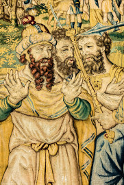 Schloss Bruchsal - Hauptbau / Corps de Logis - Von innen - Beletage - Gelbes Zimmer - Ostwand, nördliche Seite - Ausschnitt aus der Tapisserie "David besänftigt Saul mit Saitenspiel" der sechsteiligen Folge mit Szenen aus dem Alten Testament (hier: Episode aus der Geschichte Davids, 1. Buch Samuel, Kapitel 18; Inv.Nr. G 115; Höhe x Breite: 274 cm x 328 cm; hergestellt von Martin II Reymbouts in Brüssel, um 1600; restauriert 1965/66 und nach 2007) (aufgenommen im November 2020, am frühen Nachmittag) Schloss Bruchsal - Hauptbau / Corps de Logis - Von innen - Beletage - Gelbes Zimmer - Ostwand, nördliche Seite - Ausschnitt aus der Tapisserie "David besänftigt Saul mit Saitenspiel" der sechsteiligen Folge mit Szenen aus dem Alten Testament (hier: Episode aus der Geschichte Davids, 1. Buch Samuel, Kapitel 18; Inv.Nr. G 115; Höhe x Breite: 274 cm x 328 cm; hergestellt von Martin II Reymbouts in Brüssel, um 1600; restauriert 1965/66 und nach 2007) (aufgenommen im November 2020, am frühen Nachmittag)