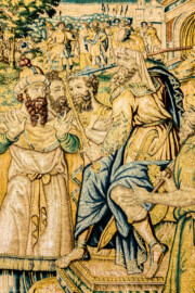 Schloss Bruchsal - Hauptbau / Corps de Logis - Von innen - Beletage - Gelbes Zimmer - Ostwand, nördliche Seite - Ausschnitt aus der Tapisserie "David besänftigt Saul mit Saitenspiel" der sechsteiligen Folge mit Szenen aus dem Alten Testament (hier: Episode aus der Geschichte Davids, 1. Buch Samuel, Kapitel 18; Inv.Nr. G 115; Höhe x Breite: 274 cm x 328 cm; hergestellt von Martin II Reymbouts in Brüssel, um 1600; restauriert 1965/66 und nach 2007) (aufgenommen im November 2020, am frühen Nachmittag) Schloss Bruchsal - Hauptbau / Corps de Logis - Von innen - Beletage - Gelbes Zimmer - Ostwand, nördliche Seite - Ausschnitt aus der Tapisserie "David besänftigt Saul mit Saitenspiel" der sechsteiligen Folge mit Szenen aus dem Alten Testament (hier: Episode aus der Geschichte Davids, 1. Buch Samuel, Kapitel 18; Inv.Nr. G 115; Höhe x Breite: 274 cm x 328 cm; hergestellt von Martin II Reymbouts in Brüssel, um 1600; restauriert 1965/66 und nach 2007) (aufgenommen im November 2020, am frühen Nachmittag)