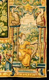 Schloss Bruchsal - Hauptbau / Corps de Logis - Von innen - Beletage - Gelbes Zimmer - Südwand, westliche Seite - Ausschnitt (rechte untere Ecke der Bordüre) aus der Tapisserie "Esther von Ahasver zu königlichen Ehren erhoben" aus der sechsteiligen Folge mit Szenen aus dem Alten Testament (hier: Das Buch Esther, Kapitel 2; Inv.Nr. G 112; Höhe x Breite: 273 cm x 197 cm; hergestellt von Martin II Reymbouts in Brüssel, um 1600; restauriert 1965/66 und nach 2007) (aufgenommen im November 2020, am späten Vormittag) Schloss Bruchsal - Hauptbau / Corps de Logis - Von innen - Beletage - Gelbes Zimmer - Südwand, westliche Seite - Ausschnitt (rechte untere Ecke der Bordüre) aus der Tapisserie "Esther von Ahasver zu königlichen Ehren erhoben" aus der sechsteiligen Folge mit Szenen aus dem Alten Testament (hier: Das Buch Esther, Kapitel 2; Inv.Nr. G 112; Höhe x Breite: 273 cm x 197 cm; hergestellt von Martin II Reymbouts in Brüssel, um 1600; restauriert 1965/66 und nach 2007) (aufgenommen im November 2020, am späten Vormittag)
