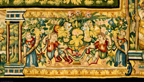 Schloss Bruchsal - Hauptbau / Corps de Logis - Von innen - Beletage - Gelbes Zimmer - Südwand, westliche Seite - Ausschnitt (untere Bordüre, rechts der Mitte) aus der Tapisserie "Esther von Ahasver zu königlichen Ehren erhoben" aus der sechsteiligen Folge mit Szenen aus dem Alten Testament (hier: Das Buch Esther, Kapitel 2; Inv.Nr. G 112; Höhe x Breite: 273 cm x 197 cm; hergestellt von Martin II Reymbouts in Brüssel, um 1600; restauriert 1965/66 und nach 2007) (aufgenommen im November 2020, am späten Vormittag) Schloss Bruchsal - Hauptbau / Corps de Logis - Von innen - Beletage - Gelbes Zimmer - Südwand, westliche Seite - Ausschnitt (untere Bordüre, rechts der Mitte) aus der Tapisserie "Esther von Ahasver zu königlichen Ehren erhoben" aus der sechsteiligen Folge mit Szenen aus dem Alten Testament (hier: Das Buch Esther, Kapitel 2; Inv.Nr. G 112; Höhe x Breite: 273 cm x 197 cm; hergestellt von Martin II Reymbouts in Brüssel, um 1600; restauriert 1965/66 und nach 2007) (aufgenommen im November 2020, am späten Vormittag)