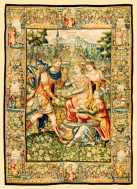 Schloss Bruchsal - Hauptbau / Corps de Logis - Von innen - Beletage - Gelbes Zimmer - Südwand, westliche Seite - Tapisserie "Esther von Ahasver zu königlichen Ehren erhoben" aus der sechsteiligen Folge mit Szenen aus dem Alten Testament (hier: Das Buch Esther, Kapitel 2; Inv.Nr. G 112; Höhe x Breite: 273 cm x 197 cm; hergestellt von Martin II Reymbouts in Brüssel, um 1600; restauriert 1965/66 und nach 2007) (aufgenommen im November 2020, am späten Vormittag) Schloss Bruchsal - Hauptbau / Corps de Logis - Von innen - Beletage - Gelbes Zimmer - Südwand, westliche Seite - Tapisserie "Esther von Ahasver zu königlichen Ehren erhoben" aus der sechsteiligen Folge mit Szenen aus dem Alten Testament (hier: Das Buch Esther, Kapitel 2; Inv.Nr. G 112; Höhe x Breite: 273 cm x 197 cm; hergestellt von Martin II Reymbouts in Brüssel, um 1600; restauriert 1965/66 und nach 2007) (aufgenommen im November 2020, am späten Vormittag)