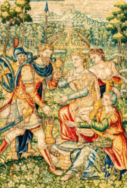 Schloss Bruchsal - Hauptbau / Corps de Logis - Von innen - Beletage - Gelbes Zimmer - Südwand, westliche Seite - Ausschnitt aus der Tapisserie "Esther von Ahasver zu königlichen Ehren erhoben" aus der sechsteiligen Folge mit Szenen aus dem Alten Testament (hier: Das Buch Esther, Kapitel 2; Inv.Nr. G 112; Höhe x Breite: 273 cm x 197 cm; hergestellt von Martin II Reymbouts in Brüssel, um 1600; restauriert 1965/66 und nach 2007) (aufgenommen im November 2020, am späten Vormittag) Schloss Bruchsal - Hauptbau / Corps de Logis - Von innen - Beletage - Gelbes Zimmer - Südwand, westliche Seite - Ausschnitt aus der Tapisserie "Esther von Ahasver zu königlichen Ehren erhoben" aus der sechsteiligen Folge mit Szenen aus dem Alten Testament (hier: Das Buch Esther, Kapitel 2; Inv.Nr. G 112; Höhe x Breite: 273 cm x 197 cm; hergestellt von Martin II Reymbouts in Brüssel, um 1600; restauriert 1965/66 und nach 2007) (aufgenommen im November 2020, am späten Vormittag)