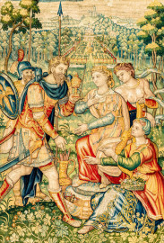 Schloss Bruchsal - Hauptbau / Corps de Logis - Von innen - Beletage - Gelbes Zimmer - Südwand, westliche Seite - Ausschnitt aus der Tapisserie "Esther von Ahasver zu königlichen Ehren erhoben" aus der sechsteiligen Folge mit Szenen aus dem Alten Testament (hier: Das Buch Esther, Kapitel 2; Inv.Nr. G 112; Höhe x Breite: 273 cm x 197 cm; hergestellt von Martin II Reymbouts in Brüssel, um 1600; restauriert 1965/66 und nach 2007) (aufgenommen im November 2020, am späten Vormittag) Schloss Bruchsal - Hauptbau / Corps de Logis - Von innen - Beletage - Gelbes Zimmer - Südwand, westliche Seite - Ausschnitt aus der Tapisserie "Esther von Ahasver zu königlichen Ehren erhoben" aus der sechsteiligen Folge mit Szenen aus dem Alten Testament (hier: Das Buch Esther, Kapitel 2; Inv.Nr. G 112; Höhe x Breite: 273 cm x 197 cm; hergestellt von Martin II Reymbouts in Brüssel, um 1600; restauriert 1965/66 und nach 2007) (aufgenommen im November 2020, am späten Vormittag)