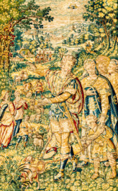 Schloss Bruchsal - Hauptbau / Corps de Logis - Von innen - Beletage - Gelbes Zimmer - Nordwand, westliche Seite - Ausschnitt aus der Tapisserie "Abraham verstößt Hagar" aus der sechsteiligen Folge mit Szenen aus dem Alten Testament (hier: 1. Buch Mose, Kapitel 20; Inv.Nr. G 116; Höhe x Breite: 283 cm x 200 cm; hergestellt von Martin II Reymbouts in Brüssel, um 1600; restauriert 1965/66 und nach 2007) (aufgenommen im November 2020, um die Mittagszeit) Schloss Bruchsal - Hauptbau / Corps de Logis - Von innen - Beletage - Gelbes Zimmer - Nordwand, westliche Seite - Ausschnitt aus der Tapisserie "Abraham verstößt Hagar" aus der sechsteiligen Folge mit Szenen aus dem Alten Testament (hier: 1. Buch Mose, Kapitel 20; Inv.Nr. G 116; Höhe x Breite: 283 cm x 200 cm; hergestellt von Martin II Reymbouts in Brüssel, um 1600; restauriert 1965/66 und nach 2007) (aufgenommen im November 2020, um die Mittagszeit)