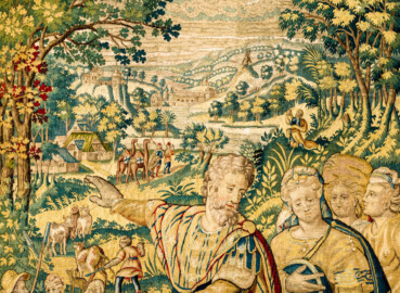 Schloss Bruchsal - Hauptbau / Corps de Logis - Von innen - Beletage - Gelbes Zimmer - Nordwand, westliche Seite - Ausschnitt (ganz oben) aus der Tapisserie "Abraham verstößt Hagar" aus der sechsteiligen Folge mit Szenen aus dem Alten Testament (hier: 1. Buch Mose, Kapitel 20; Inv.Nr. G 116; Höhe x Breite: 283 cm x 200 cm; hergestellt von Martin II Reymbouts in Brüssel, um 1600; restauriert 1965/66 und nach 2007) (aufgenommen im November 2020, am frühen Nachmittag) Schloss Bruchsal - Hauptbau / Corps de Logis - Von innen - Beletage - Gelbes Zimmer - Nordwand, westliche Seite - Ausschnitt (ganz oben) aus der Tapisserie "Abraham verstößt Hagar" aus der sechsteiligen Folge mit Szenen aus dem Alten Testament (hier: 1. Buch Mose, Kapitel 20; Inv.Nr. G 116; Höhe x Breite: 283 cm x 200 cm; hergestellt von Martin II Reymbouts in Brüssel, um 1600; restauriert 1965/66 und nach 2007) (aufgenommen im November 2020, am frühen Nachmittag)