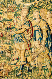 Schloss Bruchsal - Hauptbau / Corps de Logis - Von innen - Beletage - Gelbes Zimmer - Nordwand, westliche Seite - Ausschnitt (Mitte, rechts) aus der Tapisserie "Abraham verstößt Hagar" aus der sechsteiligen Folge mit Szenen aus dem Alten Testament (hier: 1. Buch Mose, Kapitel 20; Inv.Nr. G 116; Höhe x Breite: 283 cm x 200 cm; hergestellt von Martin II Reymbouts in Brüssel, um 1600; restauriert 1965/66 und nach 2007) (aufgenommen im November 2020, am frühen Nachmittag) Schloss Bruchsal - Hauptbau / Corps de Logis - Von innen - Beletage - Gelbes Zimmer - Nordwand, westliche Seite - Ausschnitt (Mitte, rechts) aus der Tapisserie "Abraham verstößt Hagar" aus der sechsteiligen Folge mit Szenen aus dem Alten Testament (hier: 1. Buch Mose, Kapitel 20; Inv.Nr. G 116; Höhe x Breite: 283 cm x 200 cm; hergestellt von Martin II Reymbouts in Brüssel, um 1600; restauriert 1965/66 und nach 2007) (aufgenommen im November 2020, am frühen Nachmittag)