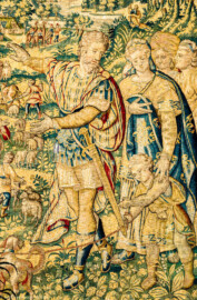 Schloss Bruchsal - Hauptbau / Corps de Logis - Von innen - Beletage - Gelbes Zimmer - Nordwand, westliche Seite - Ausschnitt (Mitte, rechts) aus der Tapisserie "Abraham verstößt Hagar" aus der sechsteiligen Folge mit Szenen aus dem Alten Testament (hier: 1. Buch Mose, Kapitel 20; Inv.Nr. G 116; Höhe x Breite: 283 cm x 200 cm; hergestellt von Martin II Reymbouts in Brüssel, um 1600; restauriert 1965/66 und nach 2007) (aufgenommen im November 2020, am frühen Nachmittag) Schloss Bruchsal - Hauptbau / Corps de Logis - Von innen - Beletage - Gelbes Zimmer - Nordwand, westliche Seite - Ausschnitt (Mitte, rechts) aus der Tapisserie "Abraham verstößt Hagar" aus der sechsteiligen Folge mit Szenen aus dem Alten Testament (hier: 1. Buch Mose, Kapitel 20; Inv.Nr. G 116; Höhe x Breite: 283 cm x 200 cm; hergestellt von Martin II Reymbouts in Brüssel, um 1600; restauriert 1965/66 und nach 2007) (aufgenommen im November 2020, am frühen Nachmittag)