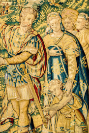 Schloss Bruchsal - Hauptbau / Corps de Logis - Von innen - Beletage - Gelbes Zimmer - Nordwand, westliche Seite - Ausschnitt (Mitte, rechts) aus der Tapisserie "Abraham verstößt Hagar" aus der sechsteiligen Folge mit Szenen aus dem Alten Testament (hier: 1. Buch Mose, Kapitel 20; Inv.Nr. G 116; Höhe x Breite: 283 cm x 200 cm; hergestellt von Martin II Reymbouts in Brüssel, um 1600; restauriert 1965/66 und nach 2007) (aufgenommen im November 2020, am frühen Nachmittag) Schloss Bruchsal - Hauptbau / Corps de Logis - Von innen - Beletage - Gelbes Zimmer - Nordwand, westliche Seite - Ausschnitt (Mitte, rechts) aus der Tapisserie "Abraham verstößt Hagar" aus der sechsteiligen Folge mit Szenen aus dem Alten Testament (hier: 1. Buch Mose, Kapitel 20; Inv.Nr. G 116; Höhe x Breite: 283 cm x 200 cm; hergestellt von Martin II Reymbouts in Brüssel, um 1600; restauriert 1965/66 und nach 2007) (aufgenommen im November 2020, am frühen Nachmittag)