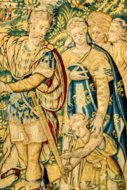 Schloss Bruchsal - Hauptbau / Corps de Logis - Von innen - Beletage - Gelbes Zimmer - Nordwand, westliche Seite - Ausschnitt (Mitte, rechts) aus der Tapisserie "Abraham verstößt Hagar" aus der sechsteiligen Folge mit Szenen aus dem Alten Testament (hier: 1. Buch Mose, Kapitel 20; Inv.Nr. G 116; Höhe x Breite: 283 cm x 200 cm; hergestellt von Martin II Reymbouts in Brüssel, um 1600; restauriert 1965/66 und nach 2007) (aufgenommen im November 2020, am frühen Nachmittag) Schloss Bruchsal - Hauptbau / Corps de Logis - Von innen - Beletage - Gelbes Zimmer - Nordwand, westliche Seite - Ausschnitt (Mitte, rechts) aus der Tapisserie "Abraham verstößt Hagar" aus der sechsteiligen Folge mit Szenen aus dem Alten Testament (hier: 1. Buch Mose, Kapitel 20; Inv.Nr. G 116; Höhe x Breite: 283 cm x 200 cm; hergestellt von Martin II Reymbouts in Brüssel, um 1600; restauriert 1965/66 und nach 2007) (aufgenommen im November 2020, am frühen Nachmittag)