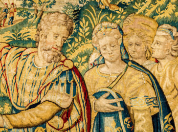 Schloss Bruchsal - Hauptbau / Corps de Logis - Von innen - Beletage - Gelbes Zimmer - Nordwand, westliche Seite - Ausschnitt (Mitte, rechts) aus der Tapisserie "Abraham verstößt Hagar" aus der sechsteiligen Folge mit Szenen aus dem Alten Testament (hier: 1. Buch Mose, Kapitel 20; Inv.Nr. G 116; Höhe x Breite: 283 cm x 200 cm; hergestellt von Martin II Reymbouts in Brüssel, um 1600; restauriert 1965/66 und nach 2007) (aufgenommen im November 2020, am frühen Nachmittag) Schloss Bruchsal - Hauptbau / Corps de Logis - Von innen - Beletage - Gelbes Zimmer - Nordwand, westliche Seite - Ausschnitt (Mitte, rechts) aus der Tapisserie "Abraham verstößt Hagar" aus der sechsteiligen Folge mit Szenen aus dem Alten Testament (hier: 1. Buch Mose, Kapitel 20; Inv.Nr. G 116; Höhe x Breite: 283 cm x 200 cm; hergestellt von Martin II Reymbouts in Brüssel, um 1600; restauriert 1965/66 und nach 2007) (aufgenommen im November 2020, am frühen Nachmittag)