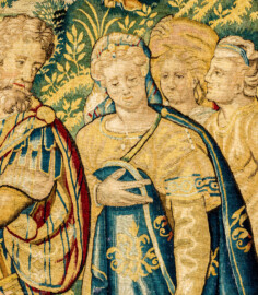 Schloss Bruchsal - Hauptbau / Corps de Logis - Von innen - Beletage - Gelbes Zimmer - Nordwand, westliche Seite - Ausschnitt (Mitte, rechts) aus der Tapisserie "Abraham verstößt Hagar" aus der sechsteiligen Folge mit Szenen aus dem Alten Testament (hier: 1. Buch Mose, Kapitel 20; Inv.Nr. G 116; Höhe x Breite: 283 cm x 200 cm; hergestellt von Martin II Reymbouts in Brüssel, um 1600; restauriert 1965/66 und nach 2007) (aufgenommen im November 2020, am frühen Nachmittag) Schloss Bruchsal - Hauptbau / Corps de Logis - Von innen - Beletage - Gelbes Zimmer - Nordwand, westliche Seite - Ausschnitt (Mitte, rechts) aus der Tapisserie "Abraham verstößt Hagar" aus der sechsteiligen Folge mit Szenen aus dem Alten Testament (hier: 1. Buch Mose, Kapitel 20; Inv.Nr. G 116; Höhe x Breite: 283 cm x 200 cm; hergestellt von Martin II Reymbouts in Brüssel, um 1600; restauriert 1965/66 und nach 2007) (aufgenommen im November 2020, am frühen Nachmittag)