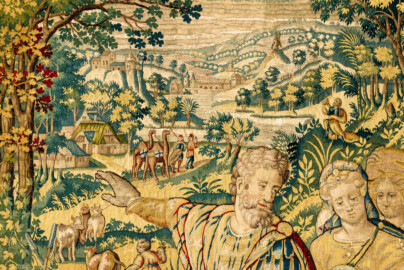 Schloss Bruchsal - Hauptbau / Corps de Logis - Von innen - Beletage - Gelbes Zimmer - Nordwand, westliche Seite - Ausschnitt (ganz oben) aus der Tapisserie "Abraham verstößt Hagar" aus der sechsteiligen Folge mit Szenen aus dem Alten Testament (hier: 1. Buch Mose, Kapitel 20; Inv.Nr. G 116; Höhe x Breite: 283 cm x 200 cm; hergestellt von Martin II Reymbouts in Brüssel, um 1600; restauriert 1965/66 und nach 2007) (aufgenommen im November 2020, am frühen Nachmittag) Schloss Bruchsal - Hauptbau / Corps de Logis - Von innen - Beletage - Gelbes Zimmer - Nordwand, westliche Seite - Ausschnitt (ganz oben) aus der Tapisserie "Abraham verstößt Hagar" aus der sechsteiligen Folge mit Szenen aus dem Alten Testament (hier: 1. Buch Mose, Kapitel 20; Inv.Nr. G 116; Höhe x Breite: 283 cm x 200 cm; hergestellt von Martin II Reymbouts in Brüssel, um 1600; restauriert 1965/66 und nach 2007) (aufgenommen im November 2020, am frühen Nachmittag)