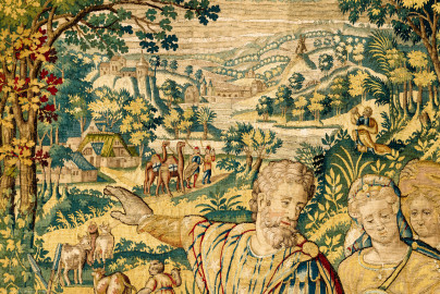 Schloss Bruchsal - Hauptbau / Corps de Logis - Von innen - Beletage - Gelbes Zimmer - Nordwand, westliche Seite - Ausschnitt (ganz oben) aus der Tapisserie "Abraham verstößt Hagar" aus der sechsteiligen Folge mit Szenen aus dem Alten Testament (hier: 1. Buch Mose, Kapitel 20; Inv.Nr. G 116; Höhe x Breite: 283 cm x 200 cm; hergestellt von Martin II Reymbouts in Brüssel, um 1600; restauriert 1965/66 und nach 2007) (aufgenommen im November 2020, am frühen Nachmittag) Schloss Bruchsal - Hauptbau / Corps de Logis - Von innen - Beletage - Gelbes Zimmer - Nordwand, westliche Seite - Ausschnitt (ganz oben) aus der Tapisserie "Abraham verstößt Hagar" aus der sechsteiligen Folge mit Szenen aus dem Alten Testament (hier: 1. Buch Mose, Kapitel 20; Inv.Nr. G 116; Höhe x Breite: 283 cm x 200 cm; hergestellt von Martin II Reymbouts in Brüssel, um 1600; restauriert 1965/66 und nach 2007) (aufgenommen im November 2020, am frühen Nachmittag)