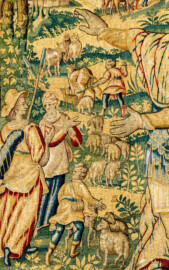 Schloss Bruchsal - Hauptbau / Corps de Logis - Von innen - Beletage - Gelbes Zimmer - Nordwand, westliche Seite - Ausschnitt aus der Tapisserie "Abraham verstößt Hagar" aus der sechsteiligen Folge mit Szenen aus dem Alten Testament (hier: 1. Buch Mose, Kapitel 20; Inv.Nr. G 116; Höhe x Breite: 283 cm x 200 cm; hergestellt von Martin II Reymbouts in Brüssel, um 1600; restauriert 1965/66 und nach 2007) (aufgenommen im November 2020, am Nachmittag) Schloss Bruchsal - Hauptbau / Corps de Logis - Von innen - Beletage - Gelbes Zimmer - Nordwand, westliche Seite - Ausschnitt aus der Tapisserie "Abraham verstößt Hagar" aus der sechsteiligen Folge mit Szenen aus dem Alten Testament (hier: 1. Buch Mose, Kapitel 20; Inv.Nr. G 116; Höhe x Breite: 283 cm x 200 cm; hergestellt von Martin II Reymbouts in Brüssel, um 1600; restauriert 1965/66 und nach 2007) (aufgenommen im November 2020, am Nachmittag)