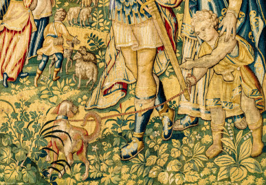 Schloss Bruchsal - Hauptbau / Corps de Logis - Von innen - Beletage - Gelbes Zimmer - Nordwand, westliche Seite - Ausschnitt aus der Tapisserie "Abraham verstößt Hagar" aus der sechsteiligen Folge mit Szenen aus dem Alten Testament (hier: 1. Buch Mose, Kapitel 20; Inv.Nr. G 116; Höhe x Breite: 283 cm x 200 cm; hergestellt von Martin II Reymbouts in Brüssel, um 1600; restauriert 1965/66 und nach 2007) (aufgenommen im November 2020, am Nachmittag) Schloss Bruchsal - Hauptbau / Corps de Logis - Von innen - Beletage - Gelbes Zimmer - Nordwand, westliche Seite - Ausschnitt aus der Tapisserie "Abraham verstößt Hagar" aus der sechsteiligen Folge mit Szenen aus dem Alten Testament (hier: 1. Buch Mose, Kapitel 20; Inv.Nr. G 116; Höhe x Breite: 283 cm x 200 cm; hergestellt von Martin II Reymbouts in Brüssel, um 1600; restauriert 1965/66 und nach 2007) (aufgenommen im November 2020, am Nachmittag)