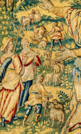 Schloss Bruchsal - Hauptbau / Corps de Logis - Von innen - Beletage - Gelbes Zimmer - Nordwand, westliche Seite - Ausschnitt aus der Tapisserie "Abraham verstößt Hagar" aus der sechsteiligen Folge mit Szenen aus dem Alten Testament (hier: 1. Buch Mose, Kapitel 20; Inv.Nr. G 116; Höhe x Breite: 283 cm x 200 cm; hergestellt von Martin II Reymbouts in Brüssel, um 1600; restauriert 1965/66 und nach 2007) (aufgenommen im November 2020, am Nachmittag) Schloss Bruchsal - Hauptbau / Corps de Logis - Von innen - Beletage - Gelbes Zimmer - Nordwand, westliche Seite - Ausschnitt aus der Tapisserie "Abraham verstößt Hagar" aus der sechsteiligen Folge mit Szenen aus dem Alten Testament (hier: 1. Buch Mose, Kapitel 20; Inv.Nr. G 116; Höhe x Breite: 283 cm x 200 cm; hergestellt von Martin II Reymbouts in Brüssel, um 1600; restauriert 1965/66 und nach 2007) (aufgenommen im November 2020, am Nachmittag)