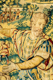 Schloss Bruchsal - Hauptbau / Corps de Logis - Von innen - Beletage - Gelbes Zimmer - Nordwand, westliche Seite - Ausschnitt aus der Tapisserie "Abraham verstößt Hagar" aus der sechsteiligen Folge mit Szenen aus dem Alten Testament (hier: 1. Buch Mose, Kapitel 20; Inv.Nr. G 116; Höhe x Breite: 283 cm x 200 cm; hergestellt von Martin II Reymbouts in Brüssel, um 1600; restauriert 1965/66 und nach 2007) (aufgenommen im November 2020, am Nachmittag) Schloss Bruchsal - Hauptbau / Corps de Logis - Von innen - Beletage - Gelbes Zimmer - Nordwand, westliche Seite - Ausschnitt aus der Tapisserie "Abraham verstößt Hagar" aus der sechsteiligen Folge mit Szenen aus dem Alten Testament (hier: 1. Buch Mose, Kapitel 20; Inv.Nr. G 116; Höhe x Breite: 283 cm x 200 cm; hergestellt von Martin II Reymbouts in Brüssel, um 1600; restauriert 1965/66 und nach 2007) (aufgenommen im November 2020, am Nachmittag)