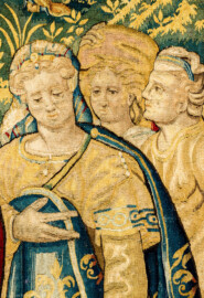 Schloss Bruchsal - Hauptbau / Corps de Logis - Von innen - Beletage - Gelbes Zimmer - Nordwand, westliche Seite - Ausschnitt aus der Tapisserie "Abraham verstößt Hagar" aus der sechsteiligen Folge mit Szenen aus dem Alten Testament (hier: 1. Buch Mose, Kapitel 20; Inv.Nr. G 116; Höhe x Breite: 283 cm x 200 cm; hergestellt von Martin II Reymbouts in Brüssel, um 1600; restauriert 1965/66 und nach 2007) (aufgenommen im November 2020, am Nachmittag) Schloss Bruchsal - Hauptbau / Corps de Logis - Von innen - Beletage - Gelbes Zimmer - Nordwand, westliche Seite - Ausschnitt aus der Tapisserie "Abraham verstößt Hagar" aus der sechsteiligen Folge mit Szenen aus dem Alten Testament (hier: 1. Buch Mose, Kapitel 20; Inv.Nr. G 116; Höhe x Breite: 283 cm x 200 cm; hergestellt von Martin II Reymbouts in Brüssel, um 1600; restauriert 1965/66 und nach 2007) (aufgenommen im November 2020, am Nachmittag)