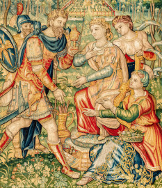 Schloss Bruchsal - Hauptbau / Corps de Logis - Von innen - Beletage - Gelbes Zimmer - Südwand, westliche Seite - Ausschnitt aus der Tapisserie "Esther von Ahasver zu königlichen Ehren erhoben" aus der sechsteiligen Folge mit Szenen aus dem Alten Testament (hier: Das Buch Esther, Kapitel 2; Inv.Nr. G 112; Höhe x Breite: 273 cm x 197 cm; hergestellt von Martin II Reymbouts in Brüssel, um 1600; restauriert 1965/66 und nach 2007) (aufgenommen im November 2020, am frühen Nachmittag) Schloss Bruchsal - Hauptbau / Corps de Logis - Von innen - Beletage - Gelbes Zimmer - Südwand, westliche Seite - Ausschnitt aus der Tapisserie "Esther von Ahasver zu königlichen Ehren erhoben" aus der sechsteiligen Folge mit Szenen aus dem Alten Testament (hier: Das Buch Esther, Kapitel 2; Inv.Nr. G 112; Höhe x Breite: 273 cm x 197 cm; hergestellt von Martin II Reymbouts in Brüssel, um 1600; restauriert 1965/66 und nach 2007) (aufgenommen im November 2020, am frühen Nachmittag)