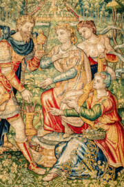 Schloss Bruchsal - Hauptbau / Corps de Logis - Von innen - Beletage - Gelbes Zimmer - Südwand, westliche Seite - Ausschnitt aus der Tapisserie "Esther von Ahasver zu königlichen Ehren erhoben" aus der sechsteiligen Folge mit Szenen aus dem Alten Testament (hier: Das Buch Esther, Kapitel 2; Inv.Nr. G 112; Höhe x Breite: 273 cm x 197 cm; hergestellt von Martin II Reymbouts in Brüssel, um 1600; restauriert 1965/66 und nach 2007) (aufgenommen im November 2020, am Nachmittag) Schloss Bruchsal - Hauptbau / Corps de Logis - Von innen - Beletage - Gelbes Zimmer - Südwand, westliche Seite - Ausschnitt aus der Tapisserie "Esther von Ahasver zu königlichen Ehren erhoben" aus der sechsteiligen Folge mit Szenen aus dem Alten Testament (hier: Das Buch Esther, Kapitel 2; Inv.Nr. G 112; Höhe x Breite: 273 cm x 197 cm; hergestellt von Martin II Reymbouts in Brüssel, um 1600; restauriert 1965/66 und nach 2007) (aufgenommen im November 2020, am Nachmittag)