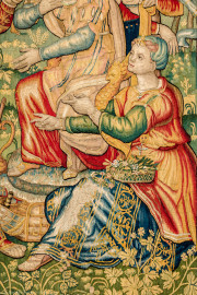 Schloss Bruchsal - Hauptbau / Corps de Logis - Von innen - Beletage - Gelbes Zimmer - Südwand, westliche Seite - Ausschnitt aus der Tapisserie "Esther von Ahasver zu königlichen Ehren erhoben" aus der sechsteiligen Folge mit Szenen aus dem Alten Testament (hier: Das Buch Esther, Kapitel 2; Inv.Nr. G 112; Höhe x Breite: 273 cm x 197 cm; hergestellt von Martin II Reymbouts in Brüssel, um 1600; restauriert 1965/66 und nach 2007) (aufgenommen im November 2020, am Nachmittag) Schloss Bruchsal - Hauptbau / Corps de Logis - Von innen - Beletage - Gelbes Zimmer - Südwand, westliche Seite - Ausschnitt aus der Tapisserie "Esther von Ahasver zu königlichen Ehren erhoben" aus der sechsteiligen Folge mit Szenen aus dem Alten Testament (hier: Das Buch Esther, Kapitel 2; Inv.Nr. G 112; Höhe x Breite: 273 cm x 197 cm; hergestellt von Martin II Reymbouts in Brüssel, um 1600; restauriert 1965/66 und nach 2007) (aufgenommen im November 2020, am Nachmittag)