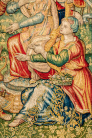 Schloss Bruchsal - Hauptbau / Corps de Logis - Von innen - Beletage - Gelbes Zimmer - Südwand, westliche Seite - Ausschnitt aus der Tapisserie "Esther von Ahasver zu königlichen Ehren erhoben" aus der sechsteiligen Folge mit Szenen aus dem Alten Testament (hier: Das Buch Esther, Kapitel 2; Inv.Nr. G 112; Höhe x Breite: 273 cm x 197 cm; hergestellt von Martin II Reymbouts in Brüssel, um 1600; restauriert 1965/66 und nach 2007) (aufgenommen im November 2020, am Nachmittag) Schloss Bruchsal - Hauptbau / Corps de Logis - Von innen - Beletage - Gelbes Zimmer - Südwand, westliche Seite - Ausschnitt aus der Tapisserie "Esther von Ahasver zu königlichen Ehren erhoben" aus der sechsteiligen Folge mit Szenen aus dem Alten Testament (hier: Das Buch Esther, Kapitel 2; Inv.Nr. G 112; Höhe x Breite: 273 cm x 197 cm; hergestellt von Martin II Reymbouts in Brüssel, um 1600; restauriert 1965/66 und nach 2007) (aufgenommen im November 2020, am Nachmittag)