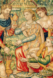 Schloss Bruchsal - Hauptbau / Corps de Logis - Von innen - Beletage - Gelbes Zimmer - Südwand, westliche Seite - Ausschnitt aus der Tapisserie "Esther von Ahasver zu königlichen Ehren erhoben" aus der sechsteiligen Folge mit Szenen aus dem Alten Testament (hier: Das Buch Esther, Kapitel 2; Inv.Nr. G 112; Höhe x Breite: 273 cm x 197 cm; hergestellt von Martin II Reymbouts in Brüssel, um 1600; restauriert 1965/66 und nach 2007) (aufgenommen im November 2020, am Nachmittag) Schloss Bruchsal - Hauptbau / Corps de Logis - Von innen - Beletage - Gelbes Zimmer - Südwand, westliche Seite - Ausschnitt aus der Tapisserie "Esther von Ahasver zu königlichen Ehren erhoben" aus der sechsteiligen Folge mit Szenen aus dem Alten Testament (hier: Das Buch Esther, Kapitel 2; Inv.Nr. G 112; Höhe x Breite: 273 cm x 197 cm; hergestellt von Martin II Reymbouts in Brüssel, um 1600; restauriert 1965/66 und nach 2007) (aufgenommen im November 2020, am Nachmittag)