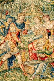 Schloss Bruchsal - Hauptbau / Corps de Logis - Von innen - Beletage - Gelbes Zimmer - Südwand, westliche Seite - Ausschnitt aus der Tapisserie "Esther von Ahasver zu königlichen Ehren erhoben" aus der sechsteiligen Folge mit Szenen aus dem Alten Testament (hier: Das Buch Esther, Kapitel 2; Inv.Nr. G 112; Höhe x Breite: 273 cm x 197 cm; hergestellt von Martin II Reymbouts in Brüssel, um 1600; restauriert 1965/66 und nach 2007) (aufgenommen im November 2020, am Nachmittag) Schloss Bruchsal - Hauptbau / Corps de Logis - Von innen - Beletage - Gelbes Zimmer - Südwand, westliche Seite - Ausschnitt aus der Tapisserie "Esther von Ahasver zu königlichen Ehren erhoben" aus der sechsteiligen Folge mit Szenen aus dem Alten Testament (hier: Das Buch Esther, Kapitel 2; Inv.Nr. G 112; Höhe x Breite: 273 cm x 197 cm; hergestellt von Martin II Reymbouts in Brüssel, um 1600; restauriert 1965/66 und nach 2007) (aufgenommen im November 2020, am Nachmittag)