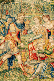 Schloss Bruchsal - Hauptbau / Corps de Logis - Von innen - Beletage - Gelbes Zimmer - Südwand, westliche Seite - Ausschnitt aus der Tapisserie "Esther von Ahasver zu königlichen Ehren erhoben" aus der sechsteiligen Folge mit Szenen aus dem Alten Testament (hier: Das Buch Esther, Kapitel 2; Inv.Nr. G 112; Höhe x Breite: 273 cm x 197 cm; hergestellt von Martin II Reymbouts in Brüssel, um 1600; restauriert 1965/66 und nach 2007) (aufgenommen im November 2020, am Nachmittag) Schloss Bruchsal - Hauptbau / Corps de Logis - Von innen - Beletage - Gelbes Zimmer - Südwand, westliche Seite - Ausschnitt aus der Tapisserie "Esther von Ahasver zu königlichen Ehren erhoben" aus der sechsteiligen Folge mit Szenen aus dem Alten Testament (hier: Das Buch Esther, Kapitel 2; Inv.Nr. G 112; Höhe x Breite: 273 cm x 197 cm; hergestellt von Martin II Reymbouts in Brüssel, um 1600; restauriert 1965/66 und nach 2007) (aufgenommen im November 2020, am Nachmittag)