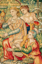 Schloss Bruchsal - Hauptbau / Corps de Logis - Von innen - Beletage - Gelbes Zimmer - Südwand, westliche Seite - Ausschnitt aus der Tapisserie "Esther von Ahasver zu königlichen Ehren erhoben" aus der sechsteiligen Folge mit Szenen aus dem Alten Testament (hier: Das Buch Esther, Kapitel 2; Inv.Nr. G 112; Höhe x Breite: 273 cm x 197 cm; hergestellt von Martin II Reymbouts in Brüssel, um 1600; restauriert 1965/66 und nach 2007) (aufgenommen im November 2020, am Nachmittag) Schloss Bruchsal - Hauptbau / Corps de Logis - Von innen - Beletage - Gelbes Zimmer - Südwand, westliche Seite - Ausschnitt aus der Tapisserie "Esther von Ahasver zu königlichen Ehren erhoben" aus der sechsteiligen Folge mit Szenen aus dem Alten Testament (hier: Das Buch Esther, Kapitel 2; Inv.Nr. G 112; Höhe x Breite: 273 cm x 197 cm; hergestellt von Martin II Reymbouts in Brüssel, um 1600; restauriert 1965/66 und nach 2007) (aufgenommen im November 2020, am Nachmittag)