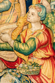 Schloss Bruchsal - Hauptbau / Corps de Logis - Von innen - Beletage - Gelbes Zimmer - Südwand, westliche Seite - Ausschnitt aus der Tapisserie "Esther von Ahasver zu königlichen Ehren erhoben" aus der sechsteiligen Folge mit Szenen aus dem Alten Testament (hier: Das Buch Esther, Kapitel 2; Inv.Nr. G 112; Höhe x Breite: 273 cm x 197 cm; hergestellt von Martin II Reymbouts in Brüssel, um 1600; restauriert 1965/66 und nach 2007) (aufgenommen im November 2020, am Nachmittag) Schloss Bruchsal - Hauptbau / Corps de Logis - Von innen - Beletage - Gelbes Zimmer - Südwand, westliche Seite - Ausschnitt aus der Tapisserie "Esther von Ahasver zu königlichen Ehren erhoben" aus der sechsteiligen Folge mit Szenen aus dem Alten Testament (hier: Das Buch Esther, Kapitel 2; Inv.Nr. G 112; Höhe x Breite: 273 cm x 197 cm; hergestellt von Martin II Reymbouts in Brüssel, um 1600; restauriert 1965/66 und nach 2007) (aufgenommen im November 2020, am Nachmittag)
