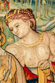 Schloss Bruchsal - Hauptbau / Corps de Logis - Von innen - Beletage - Gelbes Zimmer - Südwand, westliche Seite - Ausschnitt aus der Tapisserie "Esther von Ahasver zu königlichen Ehren erhoben" aus der sechsteiligen Folge mit Szenen aus dem Alten Testament (hier: Das Buch Esther, Kapitel 2; Inv.Nr. G 112; Höhe x Breite: 273 cm x 197 cm; hergestellt von Martin II Reymbouts in Brüssel, um 1600; restauriert 1965/66 und nach 2007) (aufgenommen im November 2020, am Nachmittag) Schloss Bruchsal - Hauptbau / Corps de Logis - Von innen - Beletage - Gelbes Zimmer - Südwand, westliche Seite - Ausschnitt aus der Tapisserie "Esther von Ahasver zu königlichen Ehren erhoben" aus der sechsteiligen Folge mit Szenen aus dem Alten Testament (hier: Das Buch Esther, Kapitel 2; Inv.Nr. G 112; Höhe x Breite: 273 cm x 197 cm; hergestellt von Martin II Reymbouts in Brüssel, um 1600; restauriert 1965/66 und nach 2007) (aufgenommen im November 2020, am Nachmittag)