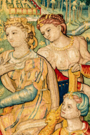 Schloss Bruchsal - Hauptbau / Corps de Logis - Von innen - Beletage - Gelbes Zimmer - Südwand, westliche Seite - Ausschnitt aus der Tapisserie "Esther von Ahasver zu königlichen Ehren erhoben" aus der sechsteiligen Folge mit Szenen aus dem Alten Testament (hier: Das Buch Esther, Kapitel 2; Inv.Nr. G 112; Höhe x Breite: 273 cm x 197 cm; hergestellt von Martin II Reymbouts in Brüssel, um 1600; restauriert 1965/66 und nach 2007) (aufgenommen im November 2020, am Nachmittag) Schloss Bruchsal - Hauptbau / Corps de Logis - Von innen - Beletage - Gelbes Zimmer - Südwand, westliche Seite - Ausschnitt aus der Tapisserie "Esther von Ahasver zu königlichen Ehren erhoben" aus der sechsteiligen Folge mit Szenen aus dem Alten Testament (hier: Das Buch Esther, Kapitel 2; Inv.Nr. G 112; Höhe x Breite: 273 cm x 197 cm; hergestellt von Martin II Reymbouts in Brüssel, um 1600; restauriert 1965/66 und nach 2007) (aufgenommen im November 2020, am Nachmittag)