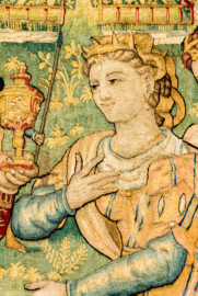 Schloss Bruchsal - Hauptbau / Corps de Logis - Von innen - Beletage - Gelbes Zimmer - Südwand, westliche Seite - Ausschnitt aus der Tapisserie "Esther von Ahasver zu königlichen Ehren erhoben" aus der sechsteiligen Folge mit Szenen aus dem Alten Testament (hier: Das Buch Esther, Kapitel 2; Inv.Nr. G 112; Höhe x Breite: 273 cm x 197 cm; hergestellt von Martin II Reymbouts in Brüssel, um 1600; restauriert 1965/66 und nach 2007) (aufgenommen im November 2020, am Nachmittag) Schloss Bruchsal - Hauptbau / Corps de Logis - Von innen - Beletage - Gelbes Zimmer - Südwand, westliche Seite - Ausschnitt aus der Tapisserie "Esther von Ahasver zu königlichen Ehren erhoben" aus der sechsteiligen Folge mit Szenen aus dem Alten Testament (hier: Das Buch Esther, Kapitel 2; Inv.Nr. G 112; Höhe x Breite: 273 cm x 197 cm; hergestellt von Martin II Reymbouts in Brüssel, um 1600; restauriert 1965/66 und nach 2007) (aufgenommen im November 2020, am Nachmittag)