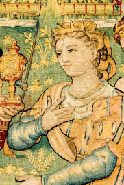 Schloss Bruchsal - Hauptbau / Corps de Logis - Von innen - Beletage - Gelbes Zimmer - Südwand, westliche Seite - Ausschnitt aus der Tapisserie "Esther von Ahasver zu königlichen Ehren erhoben" aus der sechsteiligen Folge mit Szenen aus dem Alten Testament (hier: Das Buch Esther, Kapitel 2; Inv.Nr. G 112; Höhe x Breite: 273 cm x 197 cm; hergestellt von Martin II Reymbouts in Brüssel, um 1600; restauriert 1965/66 und nach 2007) (aufgenommen im November 2020, am Nachmittag) Schloss Bruchsal - Hauptbau / Corps de Logis - Von innen - Beletage - Gelbes Zimmer - Südwand, westliche Seite - Ausschnitt aus der Tapisserie "Esther von Ahasver zu königlichen Ehren erhoben" aus der sechsteiligen Folge mit Szenen aus dem Alten Testament (hier: Das Buch Esther, Kapitel 2; Inv.Nr. G 112; Höhe x Breite: 273 cm x 197 cm; hergestellt von Martin II Reymbouts in Brüssel, um 1600; restauriert 1965/66 und nach 2007) (aufgenommen im November 2020, am Nachmittag)