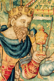 Schloss Bruchsal - Hauptbau / Corps de Logis - Von innen - Beletage - Gelbes Zimmer - Südwand, westliche Seite - Ausschnitt aus der Tapisserie "Esther von Ahasver zu königlichen Ehren erhoben" aus der sechsteiligen Folge mit Szenen aus dem Alten Testament (hier: Das Buch Esther, Kapitel 2; Inv.Nr. G 112; Höhe x Breite: 273 cm x 197 cm; hergestellt von Martin II Reymbouts in Brüssel, um 1600; restauriert 1965/66 und nach 2007) (aufgenommen im November 2020, am Nachmittag) Schloss Bruchsal - Hauptbau / Corps de Logis - Von innen - Beletage - Gelbes Zimmer - Südwand, westliche Seite - Ausschnitt aus der Tapisserie "Esther von Ahasver zu königlichen Ehren erhoben" aus der sechsteiligen Folge mit Szenen aus dem Alten Testament (hier: Das Buch Esther, Kapitel 2; Inv.Nr. G 112; Höhe x Breite: 273 cm x 197 cm; hergestellt von Martin II Reymbouts in Brüssel, um 1600; restauriert 1965/66 und nach 2007) (aufgenommen im November 2020, am Nachmittag)