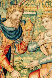 Schloss Bruchsal - Hauptbau / Corps de Logis - Von innen - Beletage - Gelbes Zimmer - Südwand, westliche Seite - Ausschnitt aus der Tapisserie "Esther von Ahasver zu königlichen Ehren erhoben" aus der sechsteiligen Folge mit Szenen aus dem Alten Testament (hier: Das Buch Esther, Kapitel 2; Inv.Nr. G 112; Höhe x Breite: 273 cm x 197 cm; hergestellt von Martin II Reymbouts in Brüssel, um 1600; restauriert 1965/66 und nach 2007) (aufgenommen im November 2020, am Nachmittag) Schloss Bruchsal - Hauptbau / Corps de Logis - Von innen - Beletage - Gelbes Zimmer - Südwand, westliche Seite - Ausschnitt aus der Tapisserie "Esther von Ahasver zu königlichen Ehren erhoben" aus der sechsteiligen Folge mit Szenen aus dem Alten Testament (hier: Das Buch Esther, Kapitel 2; Inv.Nr. G 112; Höhe x Breite: 273 cm x 197 cm; hergestellt von Martin II Reymbouts in Brüssel, um 1600; restauriert 1965/66 und nach 2007) (aufgenommen im November 2020, am Nachmittag)