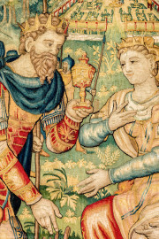 Schloss Bruchsal - Hauptbau / Corps de Logis - Von innen - Beletage - Gelbes Zimmer - Südwand, westliche Seite - Ausschnitt aus der Tapisserie "Esther von Ahasver zu königlichen Ehren erhoben" aus der sechsteiligen Folge mit Szenen aus dem Alten Testament (hier: Das Buch Esther, Kapitel 2; Inv.Nr. G 112; Höhe x Breite: 273 cm x 197 cm; hergestellt von Martin II Reymbouts in Brüssel, um 1600; restauriert 1965/66 und nach 2007) (aufgenommen im November 2020, am Nachmittag) Schloss Bruchsal - Hauptbau / Corps de Logis - Von innen - Beletage - Gelbes Zimmer - Südwand, westliche Seite - Ausschnitt aus der Tapisserie "Esther von Ahasver zu königlichen Ehren erhoben" aus der sechsteiligen Folge mit Szenen aus dem Alten Testament (hier: Das Buch Esther, Kapitel 2; Inv.Nr. G 112; Höhe x Breite: 273 cm x 197 cm; hergestellt von Martin II Reymbouts in Brüssel, um 1600; restauriert 1965/66 und nach 2007) (aufgenommen im November 2020, am Nachmittag)