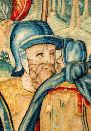 Schloss Bruchsal - Hauptbau / Corps de Logis - Von innen - Beletage - Gelbes Zimmer - Südwand, westliche Seite - Ausschnitt (oben) aus der Tapisserie "Esther von Ahasver zu königlichen Ehren erhoben" aus der sechsteiligen Folge mit Szenen aus dem Alten Testament (hier: Das Buch Esther, Kapitel 2; Inv.Nr. G 112; Höhe x Breite: 273 cm x 197 cm; hergestellt von Martin II Reymbouts in Brüssel, um 1600; restauriert 1965/66 und nach 2007) (aufgenommen im November 2020, am Nachmittag) Schloss Bruchsal - Hauptbau / Corps de Logis - Von innen - Beletage - Gelbes Zimmer - Südwand, westliche Seite - Ausschnitt (oben) aus der Tapisserie "Esther von Ahasver zu königlichen Ehren erhoben" aus der sechsteiligen Folge mit Szenen aus dem Alten Testament (hier: Das Buch Esther, Kapitel 2; Inv.Nr. G 112; Höhe x Breite: 273 cm x 197 cm; hergestellt von Martin II Reymbouts in Brüssel, um 1600; restauriert 1965/66 und nach 2007) (aufgenommen im November 2020, am Nachmittag)