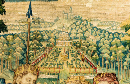 Schloss Bruchsal - Hauptbau / Corps de Logis - Von innen - Beletage - Gelbes Zimmer - Südwand, westliche Seite - Ausschnitt (oben) aus der Tapisserie "Esther von Ahasver zu königlichen Ehren erhoben" aus der sechsteiligen Folge mit Szenen aus dem Alten Testament (hier: Das Buch Esther, Kapitel 2; Inv.Nr. G 112; Höhe x Breite: 273 cm x 197 cm; hergestellt von Martin II Reymbouts in Brüssel, um 1600; restauriert 1965/66 und nach 2007) (aufgenommen im November 2020, am Nachmittag) Schloss Bruchsal - Hauptbau / Corps de Logis - Von innen - Beletage - Gelbes Zimmer - Südwand, westliche Seite - Ausschnitt (oben) aus der Tapisserie "Esther von Ahasver zu königlichen Ehren erhoben" aus der sechsteiligen Folge mit Szenen aus dem Alten Testament (hier: Das Buch Esther, Kapitel 2; Inv.Nr. G 112; Höhe x Breite: 273 cm x 197 cm; hergestellt von Martin II Reymbouts in Brüssel, um 1600; restauriert 1965/66 und nach 2007) (aufgenommen im November 2020, am Nachmittag)